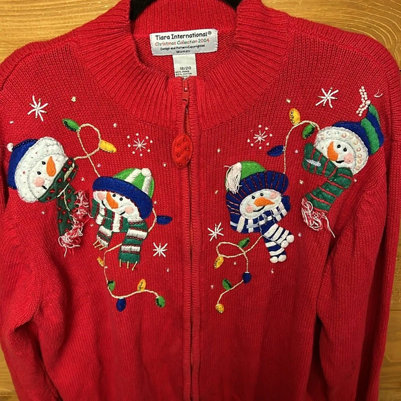 Tiara International Womens Vintage Christmas Sweater cardigan snowman ugly 18/20 - Picture 4 of 9